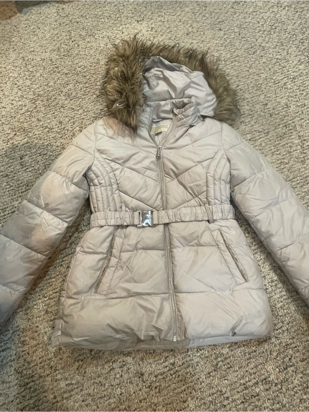 Michael Kors Girls' Quilted Puffer Coat with Faux Fur Hood - Light Taupe